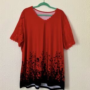 Serengeti Red Lace Sleeve Top 2X Black Floral Ombre Stretch Blouse Classic